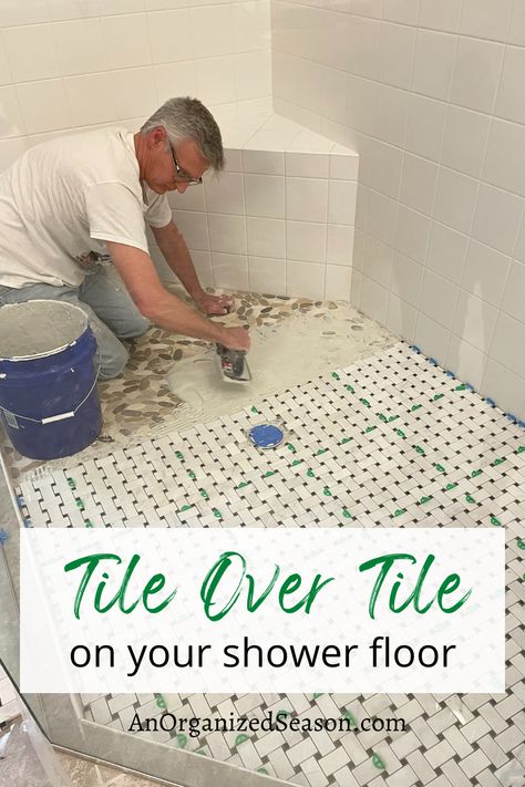 How To Change Tile Color, Tile Over Shower Tile, How To Tile Over Tile Bathroom, How To Redo Shower Tile Floor, Laying Tile Over Tile Flooring, Replacing Shower Tile, Tile Over Tile Shower Floor, Tiling A Shower Floor, Retile Shower Floor