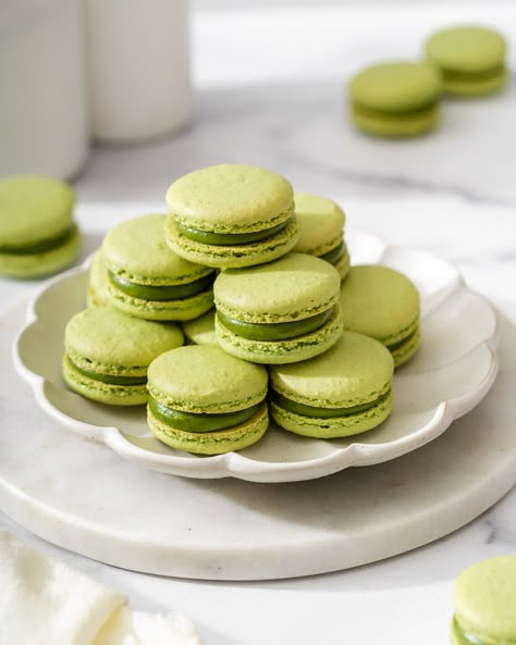 Matcha Macarons – Takes Two Eggs Green Aesthetic Matcha, Matcha Cake Recipe, Matcha Recipe Baking, Matcha Food, Matcha Macarons, Crepe Cake Recipe, Matcha Pancakes, Matcha Desserts, Amazing Aesthetic