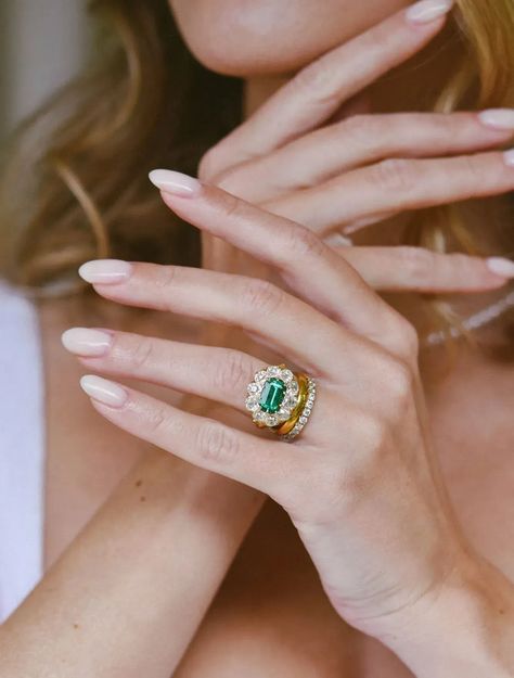 emerald and round cut diamond Victorian era engagement ring stacked with contemporary gold and diamond bands Erstwhile Jewelry, Antique Rings Victorian, Wedding Gift Guide, Victorian Engagement Rings, Old Souls, Victorian Ring, Round Engagement Rings, Vintage Lovers, Simple Engagement Rings