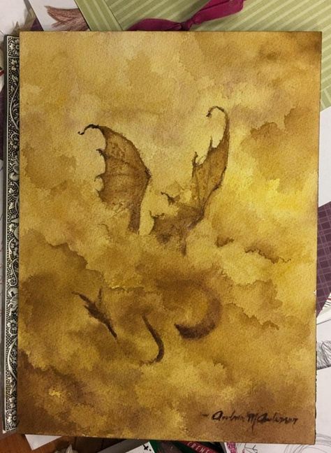 Watercolor Fantasy Art Easy, Watercolor Art Dragon, Simple Dragon Painting, How To Paint A Dragon, Dragon Watercolor Painting, Fantasy Painting Easy, Monochromatic Art Ideas, Cool Watercolor Paintings, Watercolor Dragons