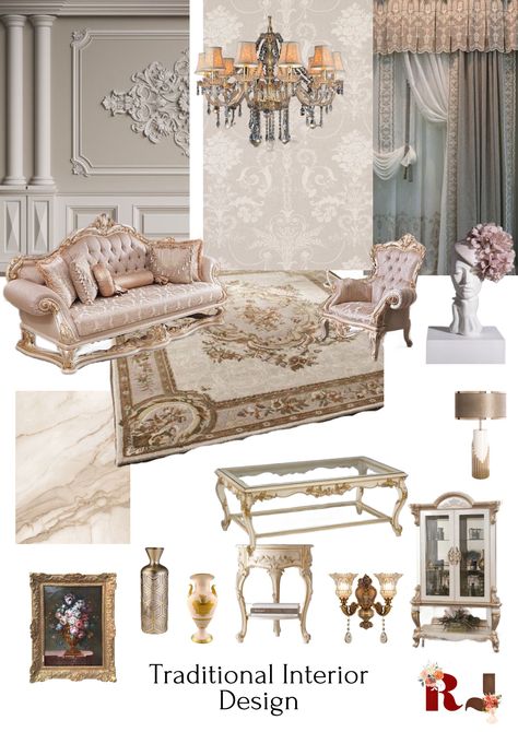 Traditional Mood Board Interior Design, Parisian Interior Bedroom, Traditional Interior Design Style, Classical Theme, Classic Interior Design Luxury, Interior Design Presentation Boards, Parisian Interior Design, Neoclassical Interior Design, Interior Design Basics