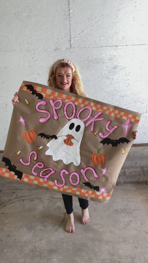 Halloween Banner Halloween Butcher Paper Sign, Halloween Sorority Banner, Painted Halloween Banner, Halloween Banner Aesthetic, Halloween Banner Design, Halloween Poster Ideas For School, Banner Painting Ideas, Halloween Painted Banner, Fabboolous Halloween