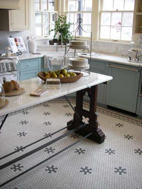 white upper cabinets, blue lower cabinets & french penny tile Hexagon Tile Kitchen Floor, Vintage Tile Floor, Hexagon Tile Kitchen, Kitchen Floor Tile Patterns, Kitchen Flooring Trends, Laundry Ideas, Penny Tile, Mosaic Floor Tile, Decor Ikea