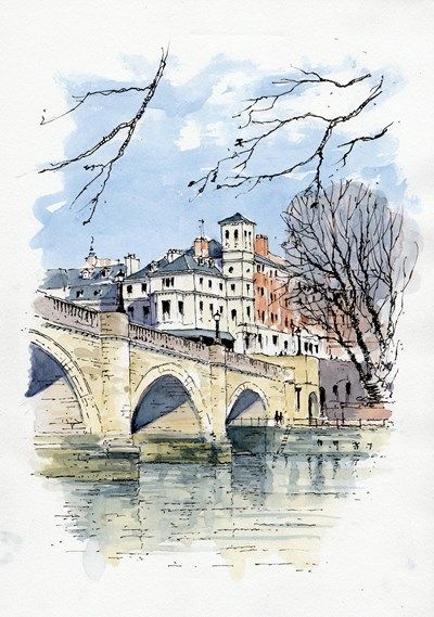 England Sketch, Art Painting Watercolor, Richmond Upon Thames, John Edwards, Pen And Wash, Watercolor Architecture, Drawing Sketching, Architecture Painting, Watercolor Sketchbook