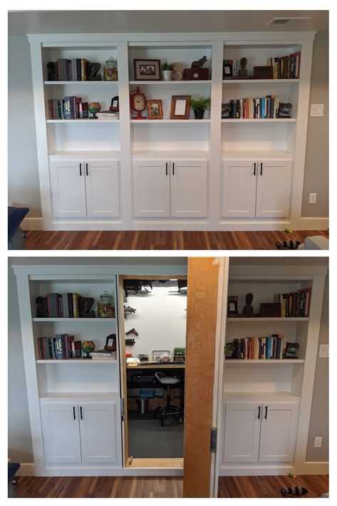 Hidden Rooms Bookcase, Hidden Bar Behind Bookcase, Unique Library Shelves, Hidden Closet Bookshelf, Bookcase Wall With Secret Door, Office With Hidden Door, Hidden Doors With Shelves, Bookshelf With Hidden Storage, Secret Office Hidden Rooms