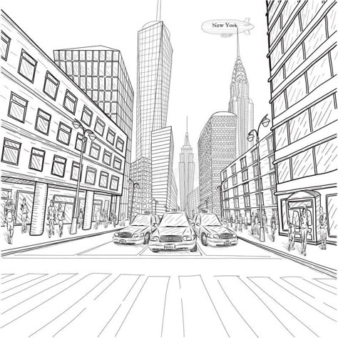 One Perspective Drawing, 1 Point Perspective Drawing, Drawing City, New York Drawing, Skyline Drawing, Cityscape Drawing, 1 Point Perspective, New York Buildings, Perspective Drawing Architecture