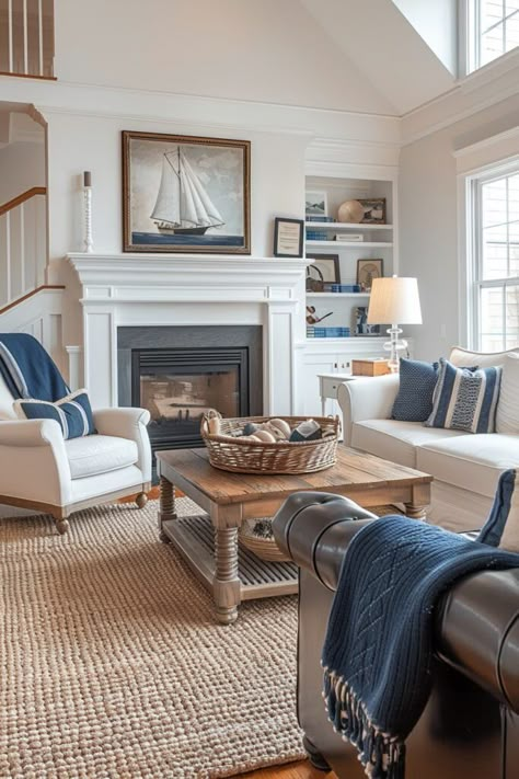 Nantucket Style Living Room, New England Style Living Room, Coastal Traditional Living Room, Serena And Lily Living Room, Cape Cod Living Room, Southern Coastal Decor, Coastal Farmhouse Living Room, Coastal Cottage Living Room, Living Room Setups