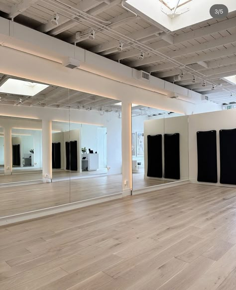 Fitness Studio Mirrors, Group Fitness Studio Design, Pilates Studio Mirrors, Dance Studio Lobby, Yoga Mirror, Yoga Prop Storage, Pilates Space, Studio Mirrors, Pilates Studio Design