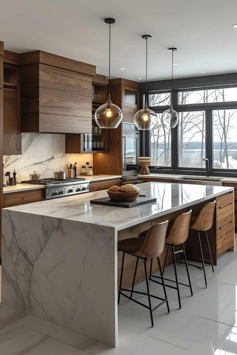 Wooden Modern Kitchen Design, Kitchen Ideas Island Modern, Wooden Modern Kitchen, Kitchen Ideas Modern Contemporary, Glass Cabinet Design, Modern Sleek Kitchen, Kitchen Glass Cabinets, Kitchen Quartz Countertops, Modern Contemporary Kitchen Design