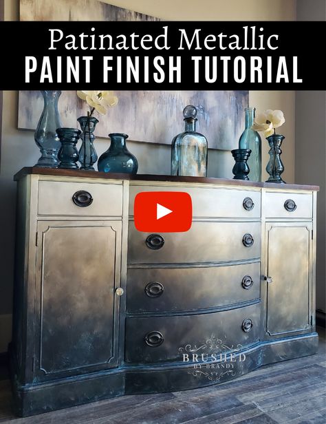 Blue And Silver Furniture, Metallic Chalk Paint Furniture, Aged Metal Diy Paint Finishes, Blending Furniture Paint, Dixie Belle Patina Painted Furniture, How To Blend Chalk Paint On Furniture, Brushed By Brandy Tutorials, Glaze Painted Furniture, Metallic Painted Furniture Diy