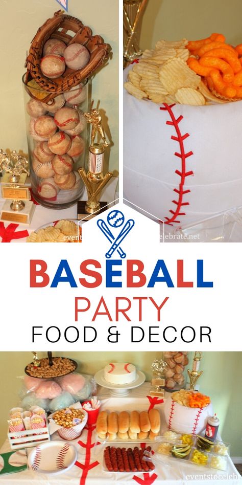 Fun and affordable baseball themed Birthday party!  Food and decor ideas to make it memorable. Baseball Theme Centerpiece Ideas, Baseball Birthday Party Decorations Diy, Diy Baseball Party Decorations, Ball Park Food Ideas, Atlanta Braves Birthday, Baseball Party Centerpieces, Baseball Tailgate, Baseball Food Party, Rookie Of The Year Party