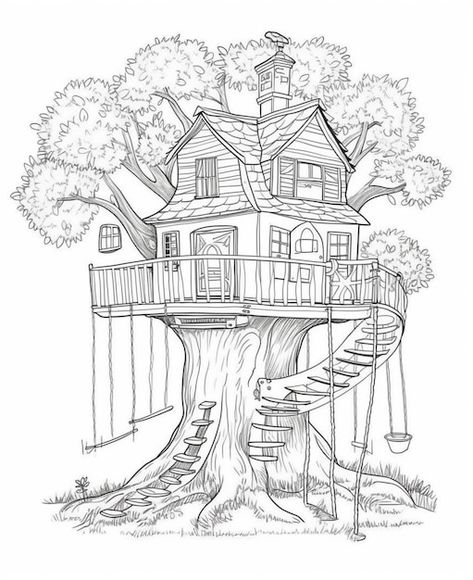 Un dibujo de una casa en el árbol con un... | Premium Photo #Freepik #photo #casa-ilustracion #casa-arbol #casa #casa-dibujo Tree House Sketch, Tree House Drawing, House Sketch, House Drawing, Tree Drawing, Art Classroom, Pyrography, House In The Woods, Premium Photo