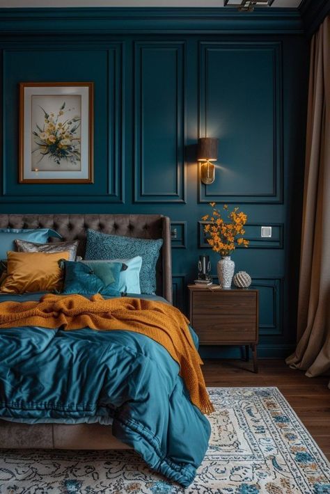 Teal Blue Bedroom, Dark Teal Bedroom Ideas, Teal Bedroom Walls, Dark Teal Bedroom, Teal Accent Walls, Copper Bedroom, Teal Rooms, Dark Blue Bedrooms, Bedroom Turquoise