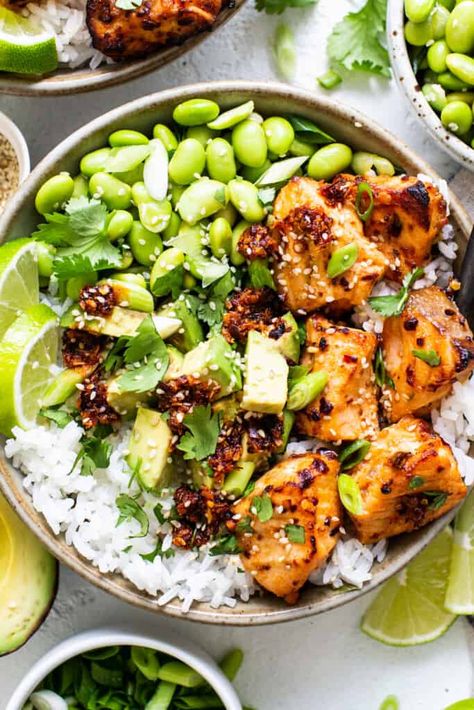 Air Fryer Salmon Bites with Honey   Chili Crunch - Fit Foodie Finds Chili Crisp Salmon, Air Fryer Salmon Bowl, Salmon Bowl Air Fryer, Chili Crunch, Salmon Bites Recipe, Low Carb Meats, Air Fryer Salmon, Salmon Bites, Salmon Rice Bowl