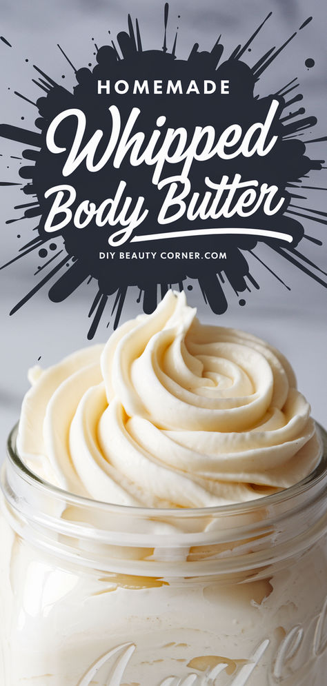 Homemade whipped body butter in a jar, natural and nourishing DIY body butter recipe for soft, glowing skin. Homemade Cocoa Butter Lotion, Basic Body Butter Recipe, Best Body Butter For Dry Skin, Cocoa Butter Whipped Body Butter, Body Shea Butter, Lush Sleepy Lotion Diy, Easy Whipped Body Butter Diy, Copycat Lush Recipes, Lush Diy Recipes