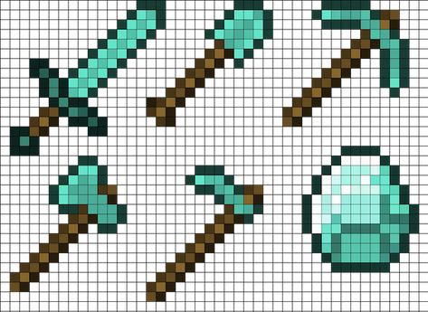 Minecraft Tools Pixel Art, Diamond Pixel Art, Perler Minecraft, Hama Minecraft, Minecraft Tools, Minecraft Room Decor, Minecraft Diamond, Minecraft Pattern, Capas Minecraft