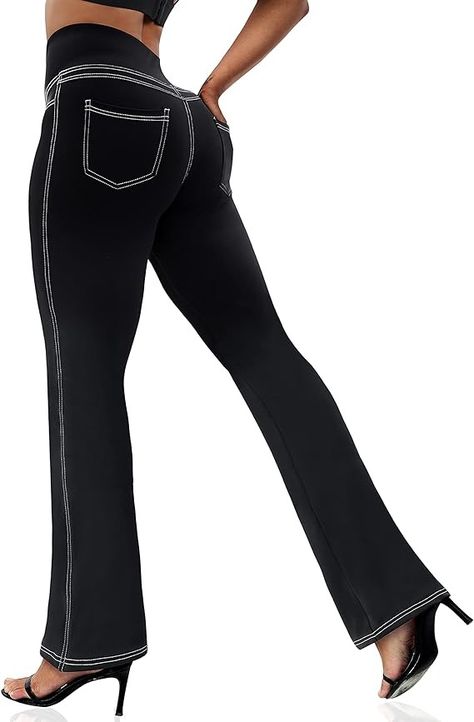 Amazon.com: VOOVEEYA Women's Bootcut Leggings - Bootleg Yoga Pants Flare with 4 Pockets,Tummy Control High Waisted Casual Dress Pants（Bootcut-Black-M） : Clothing, Shoes & Jewelry Bootcut Leggings, Bootcut Yoga Pants, Yoga Pants Flare, Bootleg Pants, Workout Dress, Boot Cut Leggings, Yoga Pants With Pockets, Casual Dress Pants, Warm Pants