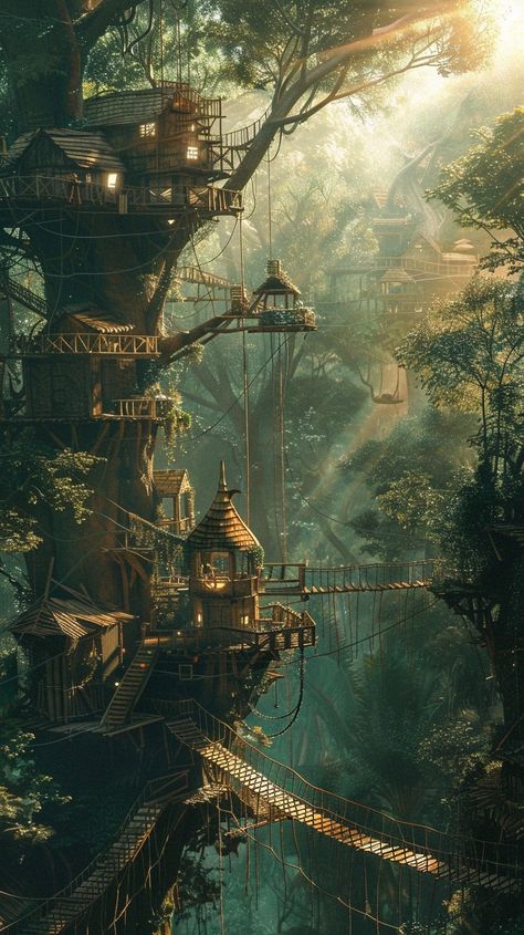 Enchanted Treehouse Escape: A mystical treehouse village nestled within an ancient forest bathed in the morning's ethereal light. #enchanted #treehouse #forest #mystical #village #ancient #morning #light #aiart #aiphoto #stockcake https://ayr.app/l/cPAC Treehouse City, Treehouse Village, Fantasy And Reality, Forest Village, Fantasy Village, Ethereal Light, Fantasy Tree, My Fantasy World, Mystical Forest