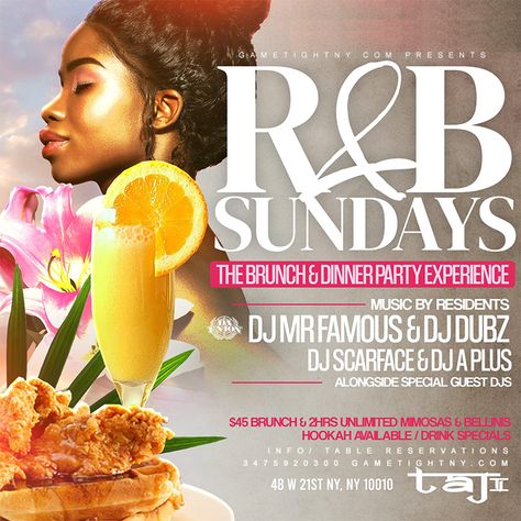 Taj NYC Sunday Funday Hip Hop vs. Reggae® Brunch & Day Party Sunday 2021 RSVP 3475920300 Taj NYC, Taj Lounge Brunch & Day Party located at 48 W 21st between 5th & 6th Avenue. Doors open @ 1pm-11pm Brunch Specials: $45 Prix Fixe Brunch Menu w/ 2 Hour Bottomless Mimosas & Bellinis! $10 Frozen Cockstails Drink Specials. Flavored Hookah is available All Day & Night. Brunch Day Party, Bottomless Mimosas, Bottomless Brunch, Drink Specials, Brunch Menu, Brunch Party, Trendy Chic, Sunday Funday, Day Night