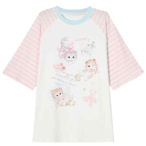 Embrace the perfect blend of cuteness and style with our adorable kitty print white T-shirt! This delightful top features a lovable kitty graphic that will melt your heart, while the contrasting pink striped sleeves add a playful touch. Crafted from high-quality, soft cotton, this T-shirt ensures all-day comfort and breathability. Whether you're heading out for a casual day with friends or simply lounging at home, this charming piece will keep you looking effortlessly cute and stylish. Pair it w Day With Friends, Steampunk Fashion Male, Kawaii Shirts, Cute Kitty, Striped Sleeve, Outfits With Hats, Kawaii Clothes, Steampunk Fashion, Cute Tshirts