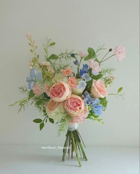 Blue Bridesmaids Pink Flowers, Small Pastel Bouquet, Pink And Blue Spring Wedding, Small Blue Bouquet, Blush And Blue Wedding Flowers, Pink And Blue Flower Arrangements, Pastel Wedding Flowers Bridal Bouquets, Pastel Wedding Flowers Centerpieces, Summer Bridesmaid Bouquet