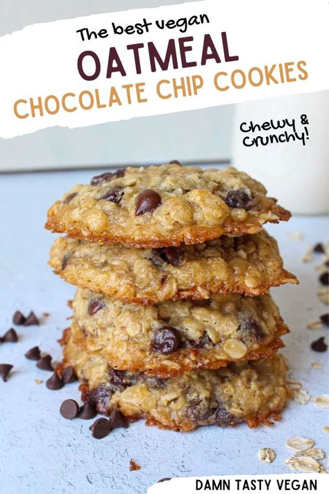 Vegan Oatmeal Chocolate Chip Cookies, Chewy Oatmeal Chocolate Chip Cookies, Oatmeal Chocolate Chip Cookie, Vegan Oatmeal Cookies, Oat Cookie Recipe, Oatmeal Chocolate Chip Cookie Recipe, Oatmeal Cookies Easy, Vegan Oatmeal, Dairy Free Chocolate Chips