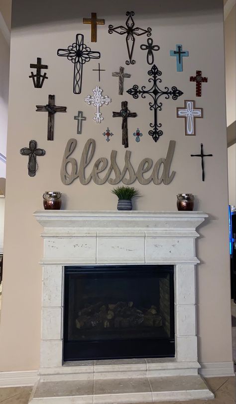 Crosses decorating high wall above the firepkace. Cross Wall Decor Ideas, Wall Of Crosses Ideas, Cross Wall Collage, Rustic Cross, Cross Wall, Cross Wall Decor, Crosses Decor, High Walls, Wall Crosses