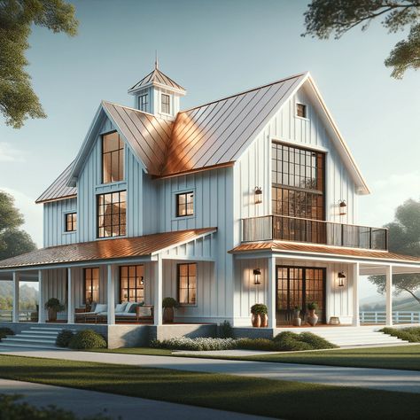 Barndominium Ideas Windows, Copper Roof Barndominium, Cottage Style Barndominium, Elegant Barndominium, White Barndominium Exterior, White Barndominium, Copper Roof House, Barndo Ideas, Interior Design Modern Bathroom