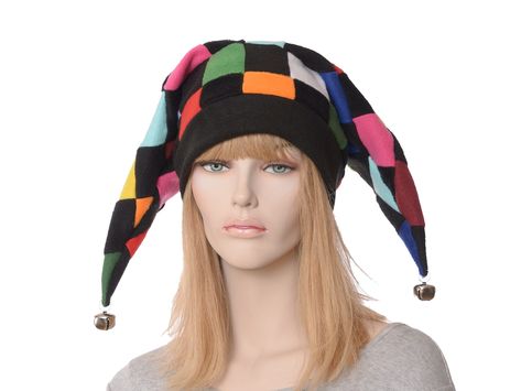 Patchwork Jester Cap Harlequin Hat Multi-Color and Black Bells Clown Hat Two Point Adult Men Women Ren Fair Jestercore Outfits, Diy Jester Hat, Jester Costume Pattern, Jester Hat Crochet, Jesters Hat, Jester Hat Sewing Pattern, Jester Hat Pattern Sewing, Knitted Jester Hat, Jester Outfit