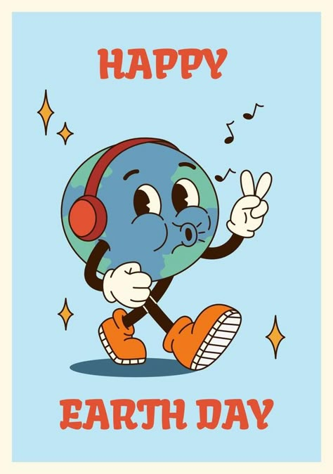 Vertical poster or card illustration groovy planet character walking in retro cartoon style of 60s 70s. Quote Happy Earth Day 60s Illustration Style, Retro Cloud Illustration, Poster Design Cartoon, 70s Style Illustration, 70s Cartoons Characters, Groovy Poster Design, Retro Cartoon Poster, Retro Cartoon Illustration, Planet Character Design