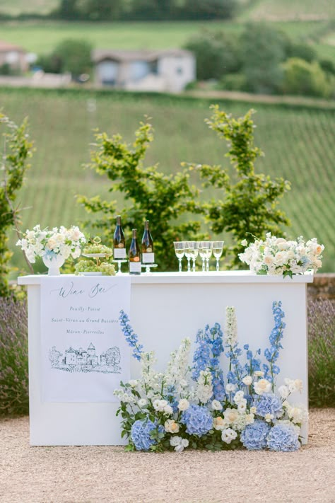 Enchanting wedding ideas at a Chateau in the vineyards of Burgundy via Magnolia Rouge Wedding Floral Hydrangea, Intimate Wedding Table Layout, Wedding Ideas Hydrangea, Garden Party Wedding Blue, Hydrangeas At Wedding, The Little Nell Wedding, Elegant Blue Wedding Theme, French Garden Wedding Decor, Blue Coastal Wedding Theme