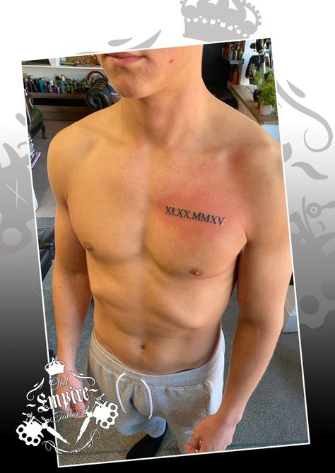 Roman Numerals for this awesome client 🤟😀 #smalltattoo #smalltattoos #oldempiretattoostudio #romannumerals #romannumeraltattoo #romannumeralstattoo #tattoo #tattoos #tattooed #tattooist #tattoolife #tattooing Romans Numbers Tattoo, Chest Tattoo Men Ideas Roman Numerals, Tattoo Of Roman Numerals, Roman Numeral Tattoo Leg Men, Date On Chest Tattoo, Men’s Roman Numeral Tattoo, Mens Date Tattoo, Date Tattoo Ideas For Men Chest, Date Ideas Tattoo