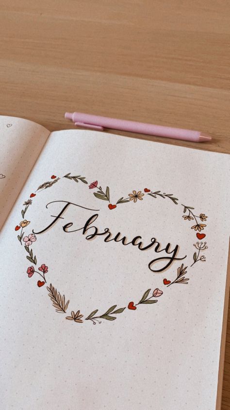 February 2024 Journal, February Notebook Ideas, Feb Bujo Cover, February Aesthetic Month Calendar, February Reading Journal Spread, February Reading Journal, February In Cursive, February Dot Journal Ideas, Bullet Journal Month Cover February