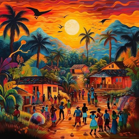 Jamaica Illustration Art, Carribean Culture Aesthetic, Caribbean Culture Art, Colombian Art Culture, Creole Culture Aesthetic, Carribean Art Paintings, Jamaican Art Culture, Afro Caribbean Art, Caribbean Art Paintings