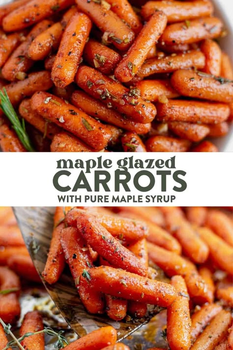 Do not underestimate these maple glazed carrots because they are full of sweet and savory flavors. This carrot recipe is the perfect side dish for holiday dinners, and weeknight dinners alike. The buttery maple syrup glaze is delicious. Carrots With Maple Syrup, Maple Syrup Carrots, Pureed Carrots, Maple Carrots, Brown Sugar Carrots, Carrot Recipes Side Dishes, Dairy Free Mashed Potatoes, Maple Syrup Glaze, Sweet Potato Casserole Healthy