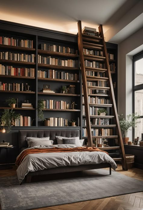 Studious Library Loft with Sliding Ladder 0 Ladder Bedroom Ideas, Office With Library Ladder, Bedrooms With Library, Library In The Bedroom, Library Spare Bedroom, Library Style Bedroom, Small Library Bedroom Ideas, Bookshelf With Ladder Aesthetic, Library Bedroom Master Suite