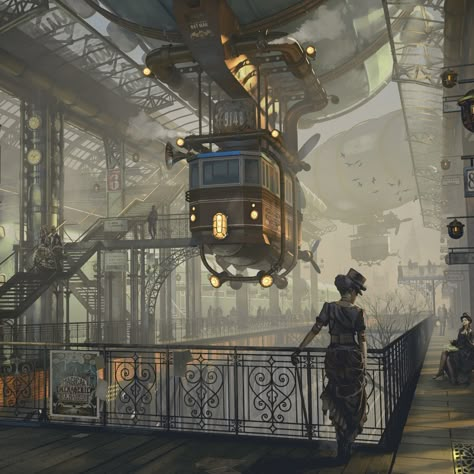 ArtStation - Steampunk trainstation Ville Steampunk, Steampunk City, Steampunk Artwork, Steampunk Tendencies, Steampunk Aesthetic, Fantasy City, Fantasy Setting, Fantasy Places, Steampunk Art