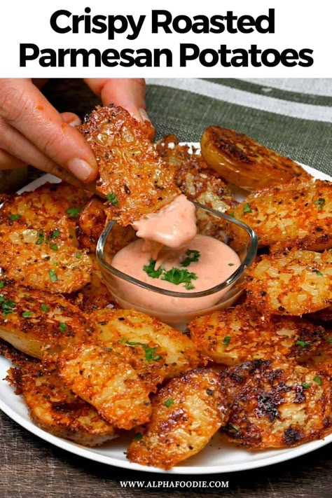 Coated in golden crispy parmesan, these parmesan crusted potatoes are the ultimate upgrade to a classic side dish and so easy to put together. Sweet Potato With Parmesan Cheese, Crispy Cheese Potatoes, Parmesan Crusted Sweet Potatoes, Potato Appetizers Easy, Sides For Christmas, Roasted Parmesan Potatoes, Potato Appetizer Recipes, Crusted Potatoes, Crispy Parmesan Potatoes