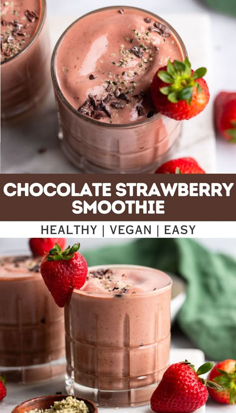 Enjoy a chocolate covered strawberry in smoothie form for breakfast when you make this delicious chocolate strawberry banana smoothie recipe. Cocoa powder adds tons of rich chocolate-y flavor to this simple but healthy smoothie recipe that is vegan and dairy free. Chocolate Protein Powder Smoothie, Strawberry Smoothie Healthy, Healthy Chocolate Smoothie, Smoothie Chocolate, Chocolate Strawberry Smoothie, Blueberry Mango, Chocolate Protein Smoothie, Smoothie Strawberry, Healthy Smoothie Recipe