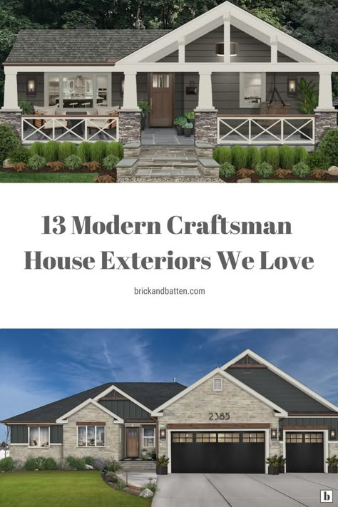 Craftsman Cottage Exterior, Ranch Style Homes Exterior Remodel, Modern Craftsman House Exterior, Craftsman Farmhouse Exterior, Craftsman House Exterior, Modern Craftsman House, Modern Ranch Style Homes, Craftsman Bungalow Exterior, Craftsman House Designs