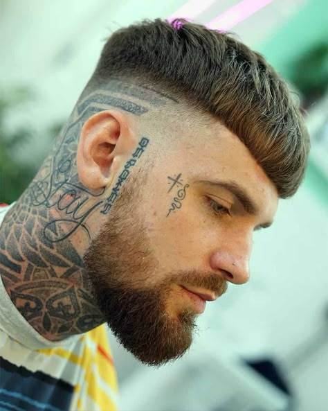 French Crop Haircut, Mens Face Tattoos, Small Face Tattoos, Hairline Tattoos, Face Tats, French Crop, Crop Haircut, Beard Fade, Ear Tattoos