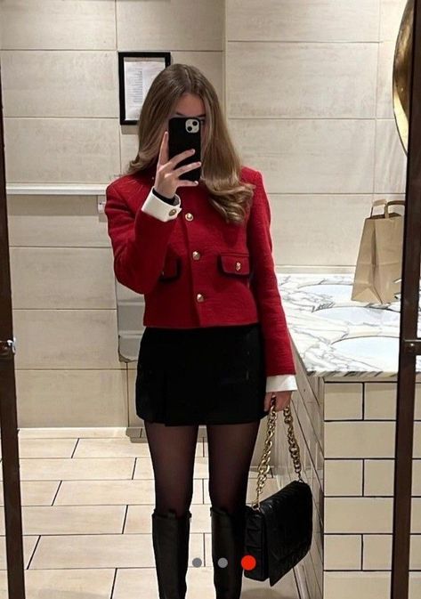 Red Outfit Winter Classy, Winter Outfits Corporate, Valentines Office Outfit, Red Winter Outfits Classy, Preppy Feminine Outfits, Frilly Shirt Outfit, Classy Red Aesthetic, Red Winter Jacket Outfit, Old Money Valentines Day Outfit