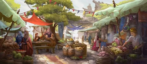 Medieval Marketplace, Samantha Kung Fantasy Locations, Assassin's Creed Origins, Background Artwork, Medieval Fair, Fantasy Architecture, Assassins Creed Origins, Concept Art World, Ancient Civilization, Dnd Maps