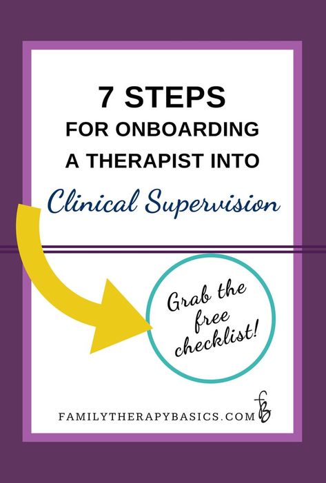 Use these steps to ensure you orient a new therapist supervisee to your supervision process and initiate a collaborate relationship. Plus, grab a free clinical supervision onboarding checklist. | Family Therapy Basics Onboarding Checklist, Clinical Supervision, Clinical Social Work, Family Advice, Licensed Clinical Social Worker, Aba Therapy, How To Motivate Employees, Mental Health Therapy, Therapeutic Activities