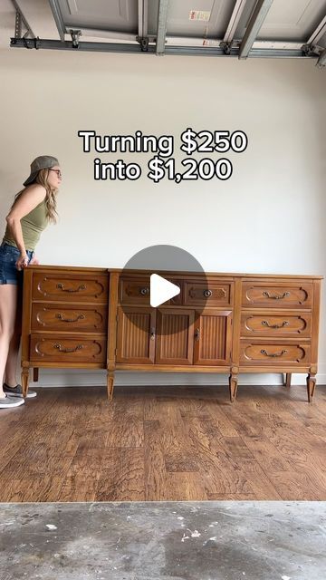 Refurbished Dark Wood Furniture, Refinished Dresser Black And Wood, Solid Wood Dressers, Furniture With Rattan, Sideboard Refinishing Ideas, Mcm Sideboard Makeover, Refinished Bedroom Furniture Ideas, Moody Painted Furniture, Diy Sideboard Makeover