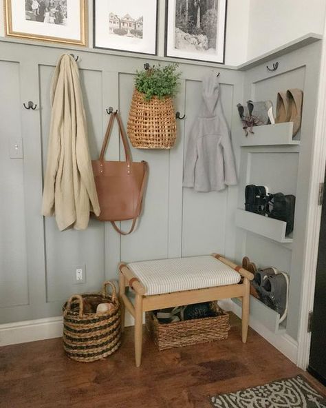 Leslea | A Heart Filled Home on Instagram: "Operation Store All The Shoes is complete! 👏 We added shoe storage shelves, new hooks, and an extra basket to keep all the things organized 🙌 I love how it flows with the board and batten we installed a couple years ago! What do you think of our entry update?? #boardandbatten #entryway #diyprojects" Coat Closet Entryway Small Entry, Small Entry Hook Wall, Hooks Front Entrance, Entryway Bench With Shoe Storage And Hooks, Entry Wall Shoe Storage, Mud Room In Laundry Room, Entry Way Hat And Glove Storage, Entrance Hook Ideas, Small Laundry Room Shoe Storage