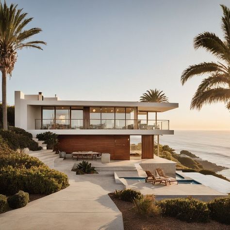 Glass Beach House Exterior, Modern House Sea View, Sea House Architecture, Beach House Contemporary, White Modern Beach House Exterior, Modern House By The Beach, Modern Seaside House, Modern Contemporary Beach House, Dream House Beach Ocean Views