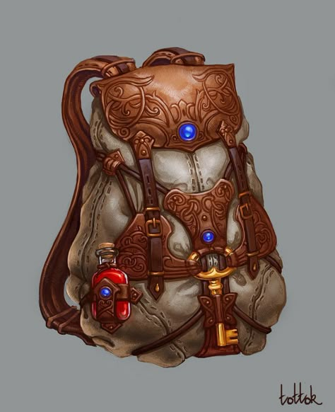 My characters generally do a lot of traveling - Travel backpack, Natali Kalashnikova on ArtStation at https://www.artstation.com/artwork/V1QK5 Rpg Items, Props Concept, Fantasy Items, D D Items, Dnd Items, Heroic Fantasy, Magical Items, Fantasy Props, Game Props