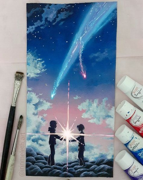 #yourname #kiminonawa #acrylicpainting #animepainting #yournameart #yournamepainting #takixmitsuha Your Name Painting Acrylic, Aesthetic Anime Painting Ideas, Your Name Anime Painting, Aesthetic Anime Painting, Your Name Painting, Your Name Watercolor, Your Name Drawing, Acrylic Sky Painting, Your Name Art