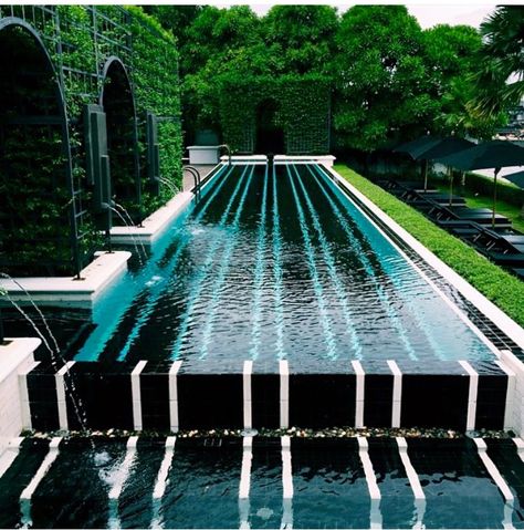 striped pool Black And White Tile Pool, Black And White Pool Tile, The Siam Hotel, Kleiner Pool Design, Moderne Pools, Building A Pool, Dream Pools, Custom Pools, Swimming Pool Designs